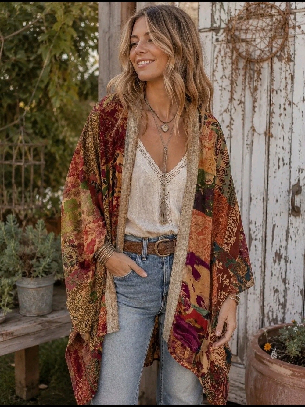 Young Threads Size Medium Boho  Patchwork Open-Front Kimono Sweater - Multi Rust
